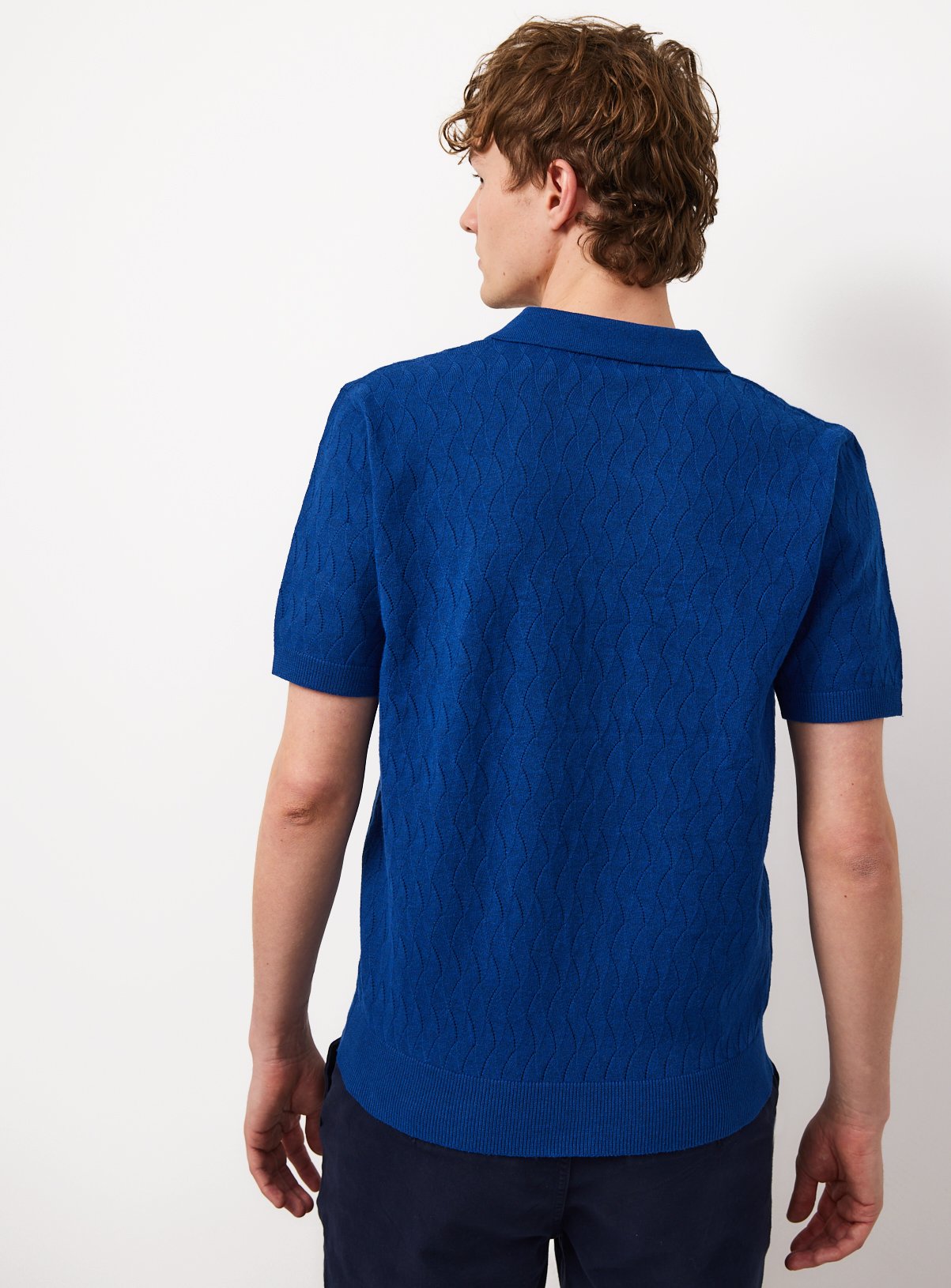 Blue Textured Pointelle Revere Neck Polo Shirt XXL - Image 4 thumbnail